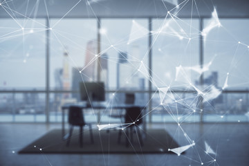 Tech theme abstract hologram and minimalistic cabinet interior background. Double exposure. High technology concept.