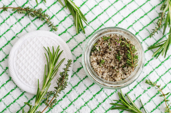 Homemade Herbal Scrub (foot Soak Or Bath Salt) With Rosemary, Thyme, Sea Salt And Olive Oil. Natural Skin And Hair Care. DIY Beauty Treatments And Spa Recipe. Top View, Copy Space  