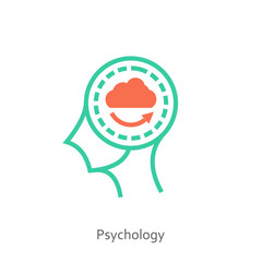 Psychology icon concept with arrow and cloud in the drawing of human brain isolated on white background, vector and illustration.