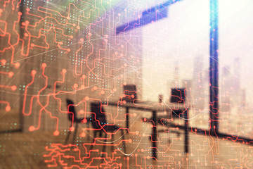 Tech theme abstract hologram and minimalistic cabinet interior background. Double exposure. High...