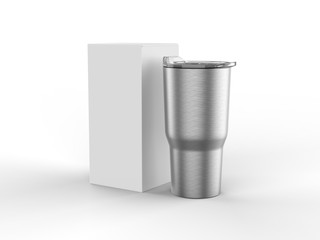 Blank Stainless Steel Tumbler with Lid And Hard Box For branding mock up. 3d render illustration.
