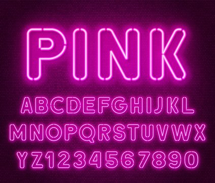 Neon rounded pink font, glowing alphabet with numbers. on a dark background.