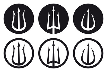 Vector black logo set of trident in circle Triton, Neptune, Poseidon. Isolated on white background.