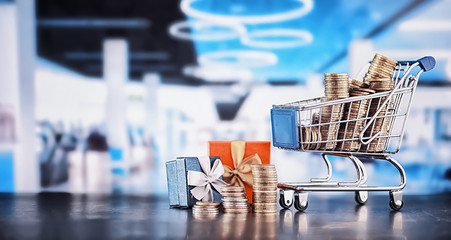 Background shopping trolley. Concept of shopping for groceries and things. Weekend shop.