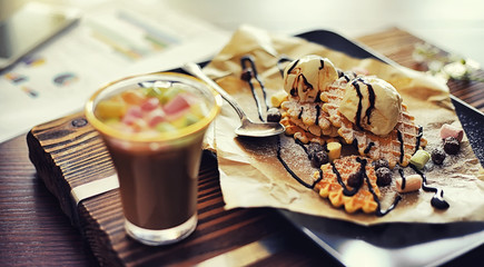 Viennese waffles with filling. Coffee table. A set of fragrant cookies for breakfast for the holiday.