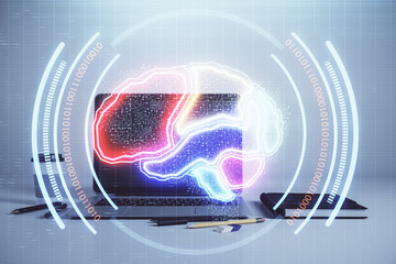 Brain sketch hologram with desktop office background. Double exposure. Brainstorm concept.