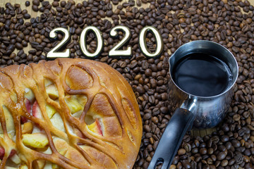 a cup of coffee with cookies, coffee grains scattered on a table near a cup with a coffee