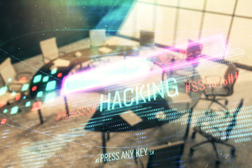 Double exposure of hacking theme hologram on conference room background. Concept of cyberpiracy