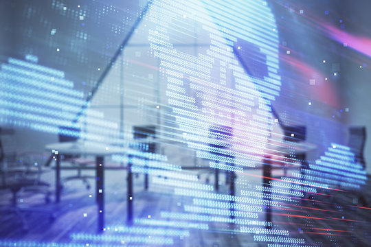 Double exposure of hacking theme hologram on conference room background. Concept of cyberpiracy
