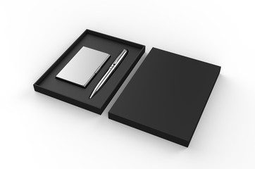 Vising card holder and pen gift set box, 3d render illustration.