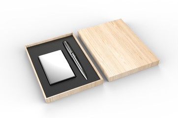 Vising card holder and pen gift set box, 3d render illustration.