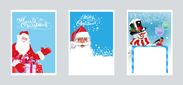 Vector Christmas cards. Three images with Santa Claus and snowman for Christmas and New Year for your design.