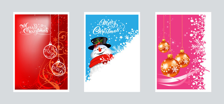Vector Christmas cards for your design. Three images with Christmas balls and snowman for Christmas and New year decoration. Graphics design.