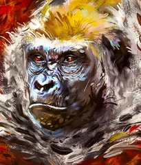 Schönes Porträt eines Gorillas. Gemaltes Gesicht eines Gorillas auf einem lebhaften Hintergrund. Ölfarben-Stil. © 2days