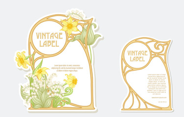 Narcissus, lily of the valley. Set of two labels. Good for product label. with place for text. Vector illustration. In art nouveau style, vintage, old, retro style. Isolated on white background.. - obrazy, fototapety, plakaty