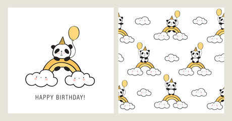 Obraz na płótnie Canvas Greeting card with cute panda, gold rainbow and funny clouds. Seamless pattern for children's textiles, wallpapers, gift wraps and scrapbook. Vector.