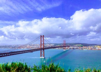 The 25 de Abril bridge in Portugal under the cloud formations