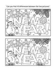 Happy New Year greeting find the ten differences picture puzzle and coloring page with greeting text, winter scene, happy snowmen and smiling snowflake