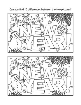 Happy New Year greeting find the ten differences picture puzzle and coloring page with greeting text, winter scene, happy snowmen and smiling snowflake