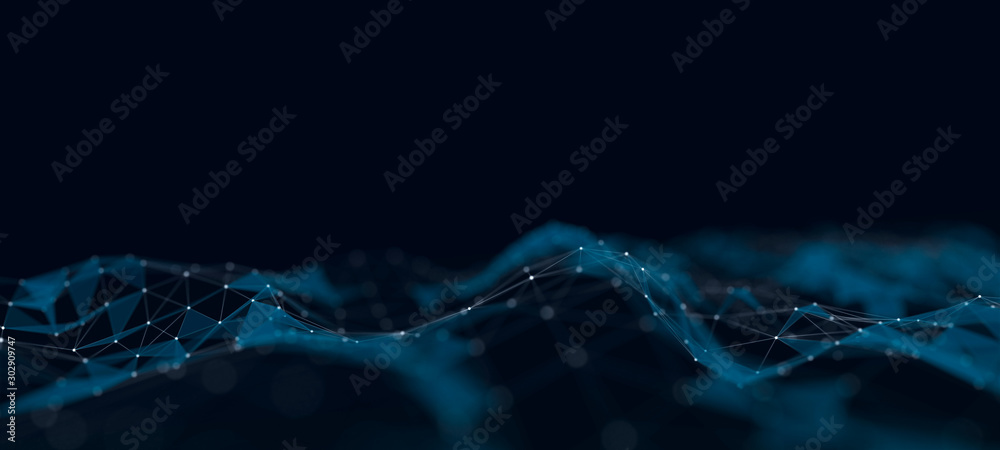 Poster Abstract digital background. Space filled with polygons and dots. 3D wave.