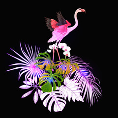Obraz premium A composition of tropical plants, palm leaves, monsters and white orchids with flamingo In botanical style Colored vector illustration in neon, fluorescent colors. Colored and outline design.
