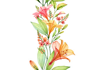 Watercolor Transparent Lily with freesia, hibiscus and leaves. Seamless vertical border isolated on white. Tropical botanical floral illustration for wedding design, wallpapers, advertising
