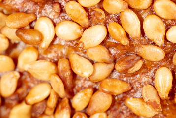 Sesame seeds on a brown crust of bread