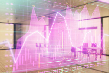 Stock and bond market graph with trading desk bank office interior on background. Multi exposure. Concept of financial analysis