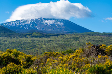 View on dangerous active stratovolcano Mount Etna on east coast of island Sicily, Italy