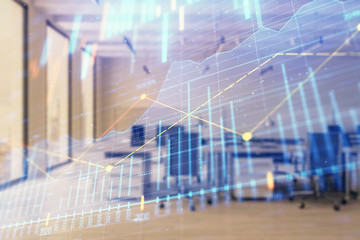 Stock and bond market graph with trading desk bank office interior on background. Multi exposure. Concept of financial analysis