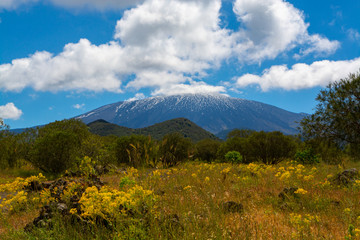 View on dangerous active stratovolcano Mount Etna on east coast of island Sicily, Italy