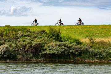 Three people riding on bicycles in sunny day in Netherlands
