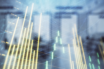 Stock market chart with trading desk bank office interior on background. Double exposure. Concept of financial analysis