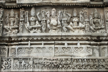 Carved sculptures on wall. Aundha Nagnath Temple, Hingoli, Maharashtra, India. Eighth of the twelve jyotirlingas in India