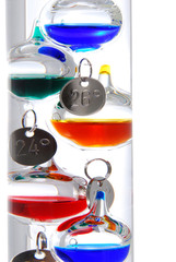Colorful globes in liquid, water Galileo thermometer