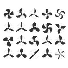 Plane propellers set - fan, rotor mover, aircraft propeller icons, wind fan rotating prop, airplane airscrew © gomixer