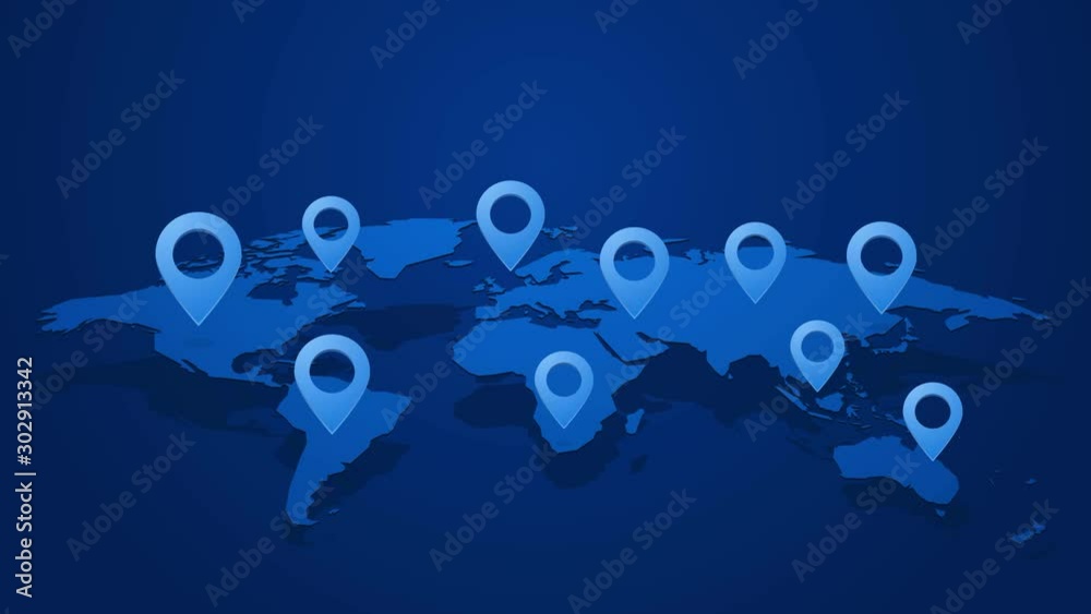 Wall mural blue world map with pins to determine location on planet earth infinite loop