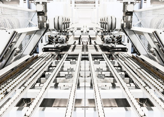Whitened collage of typical feed line, conveyor belt with rollers and supports.  Industrial background. Modern production equipment. Selective focus. Copy space.