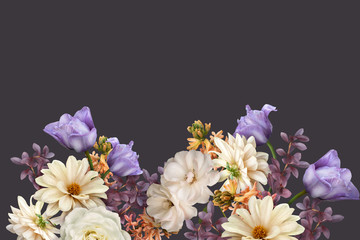 Obraz na płótnie Canvas Floral banner, cover or header with purple tulip, dahlia, hyacinth, white roses isolated on dark background. Natural flowers wallpaper or greeting card with copy space.