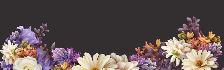 Selbstklebende Fototapeten Floral banner, cover or header with purple tulip, dahlia, hyacinth, white roses isolated on dark background. Natural flowers wallpaper or greeting card with copy space. © RinaM