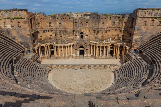 Theater at the Ancient City of Bosra, UNESCO World Heritage. and ruins of roman city Bosra in Syria