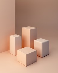 Minimal scene with podium and abstract background. Geometric shapes. Pastel colors scene. Minimal 3d box. Scene with geometrical forms and textured background for cosmetic product. 3d render. 