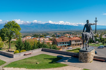 Monument of king Erekle II in Telavi Georgia. Beautiful view of Kakheti landscape from Telavi.