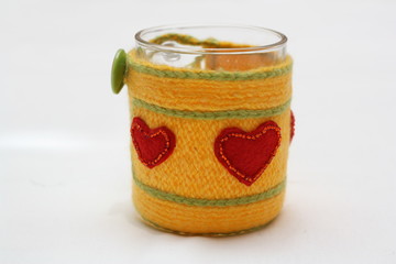 mug with knitted cover and red heart love 