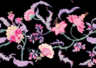 Pattern elements with stylized ornamental flowers in retro, vintage style. Jacobean embroidery. Outline hand drawing vector illustration.