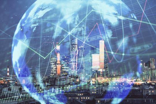 Double exposure of financial graph and world map on city veiw background. Concept of financial market research and analysis © Andrey