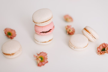 Fototapeta na wymiar Tasty macarons cookies and flowers on white background. Colorful french desserts. March 8, Spring background. Valentines, Women, Mothers day concept. Copy space, minimal style, flat lay, top view.