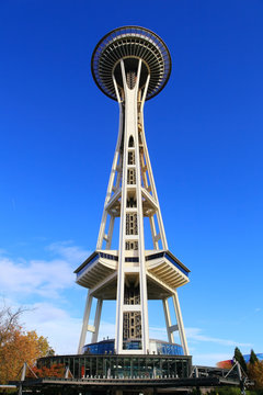 SEATTLE, WASHINGTON - October 25, 2016: Seattle Space Needle on sunny morning in autumn 