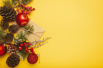 Envelopes with children's letters for Santa Claus. Beautiful New Year and Christmas decor on a bright yellow background.