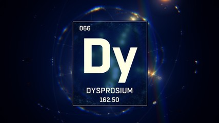 3D illustration of Dysprosium as Element 66 of the Periodic Table. Blue illuminated atom design background with orbiting electrons. Design shows name, atomic weight and element number
